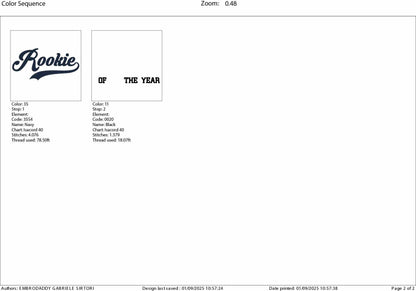 Machine Embroidery files, Baseball Style Swoosh Word "Rookie" with "of the Year" in Block Type, 1st Birthdays, DST, PES, xxx, hus & more