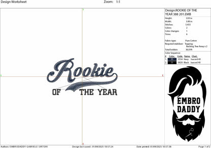 Machine Embroidery files, Baseball Style Swoosh Word "Rookie" with "of the Year" in Block Type, 1st Birthdays, DST, PES, xxx, hus & more