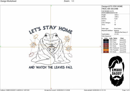 Machine Embroidery files, let's stay home, Cozy Fall toad, Funny Autumn Animal, Sweater Weather, Cute frog, PES, DST, xxx, hus & more