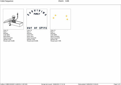 Machine Embroidery files, Surviving Purely Out of Spite, Dark Humor, Skeleton, Sarcastic, Funny Adult Goth, Witch, PES, DST, xxx, hus & more