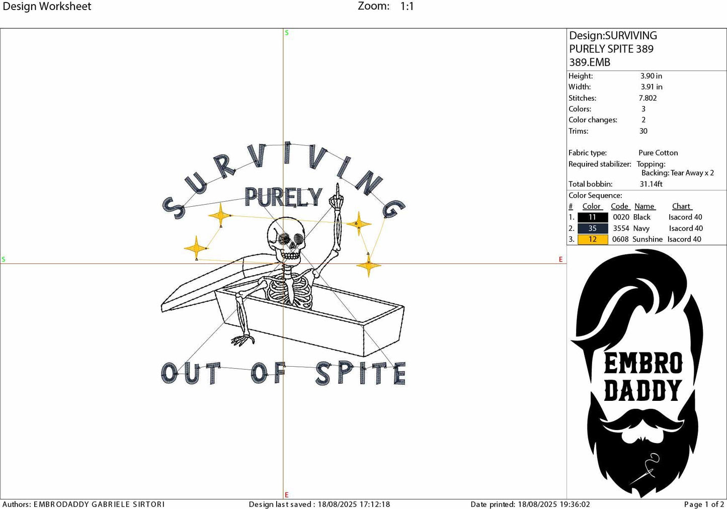 Machine Embroidery files, Surviving Purely Out of Spite, Dark Humor, Skeleton, Sarcastic, Funny Adult Goth, Witch, PES, DST, xxx, hus & more