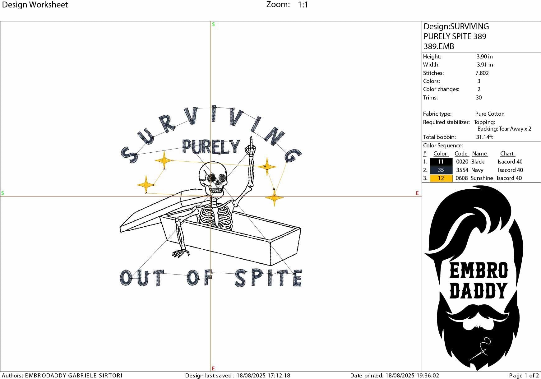 Machine Embroidery files, Surviving Purely Out of Spite, Dark Humor, Skeleton, Sarcastic, Funny Adult Goth, Witch, PES, DST, xxx, hus & more