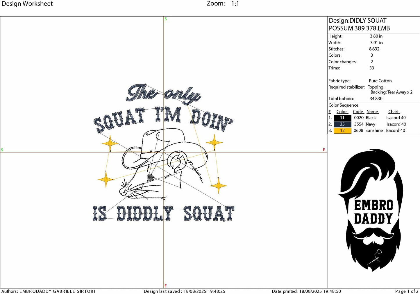 Machine Embroidery files, The Only Squat I'm Doing, Funny Possum, Sarcastic, opossum, PES, dst, xxx, hus & more
