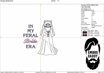 Machine Embroidery files, Raccoon Bride Bachelorette, Humorous Bridal Party, Sarcastic Raccoon, Snarky, PES, DST, xxx, hus & more