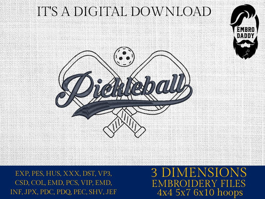 Machine Embroidery files, Script Word Pickleball with Swoosh, Paddle or Racket, PES, dst, xxx, hus & more