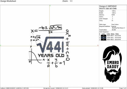 Machine Embroidery files, 21 th birthday, Math, square roots, PES, DST, xxx, hus & more