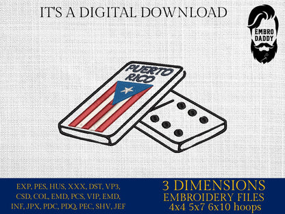 Machine Embroidery files, Puerto Rico, Dominoes Game, Flag San Juan, Island Country National Nation Symbol, Logo, DST, PES, xxx, hus & more,