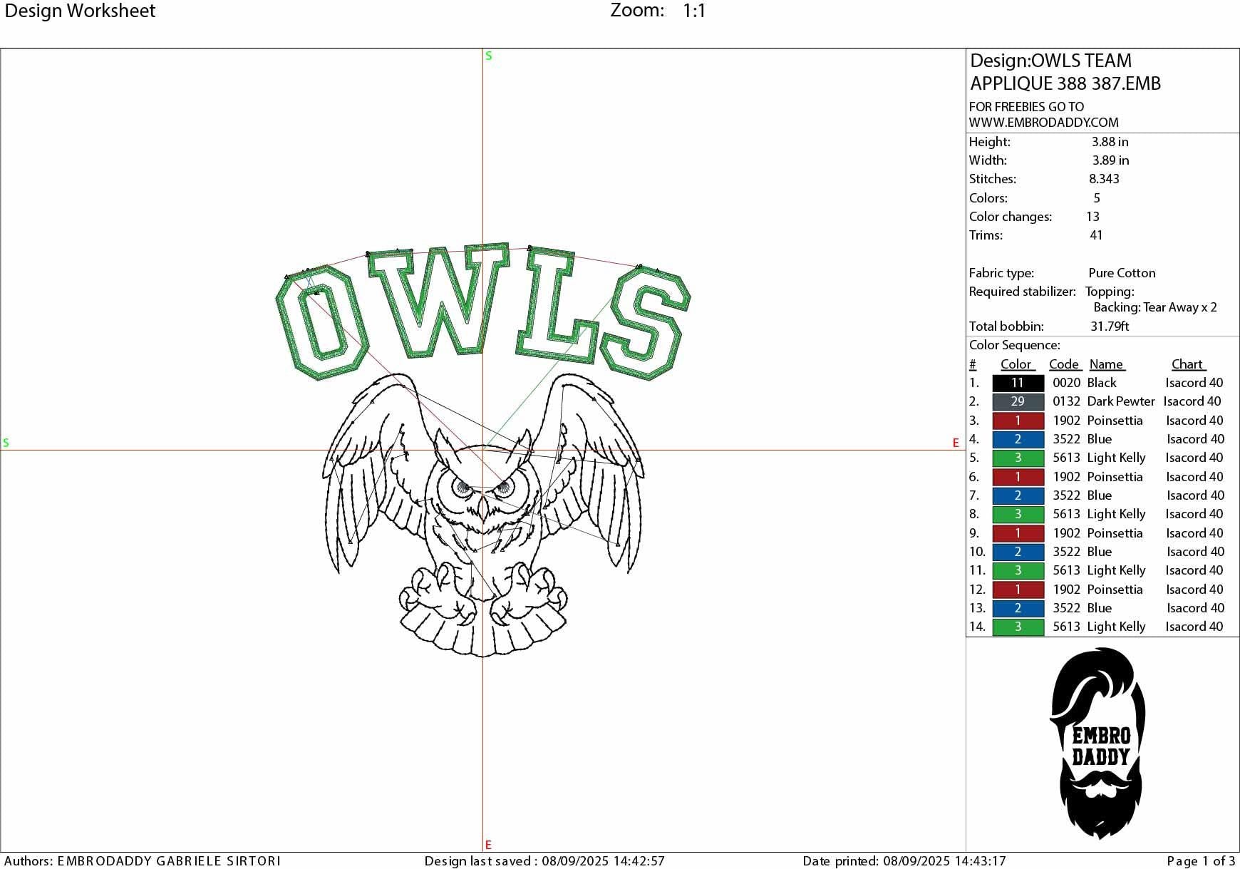 Machine Embroidery files, Owl Mascot, Fierce Owl with "Owls" Script, appliqué, sport, PES, xxx, hus & more, fan embroidery files