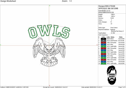 Machine Embroidery files, Owl Mascot, Fierce Owl with "Owls" Script, appliqué, sport, PES, xxx, hus & more, fan embroidery files