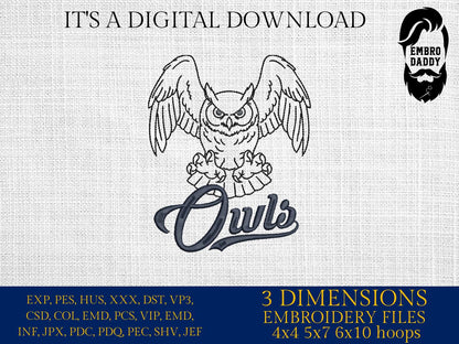 Machine Embroidery files, Owl Mascot, Fierce Owl with "Owls" Script, sport, PES, dst, xxx, hus & more, fan embroidery files