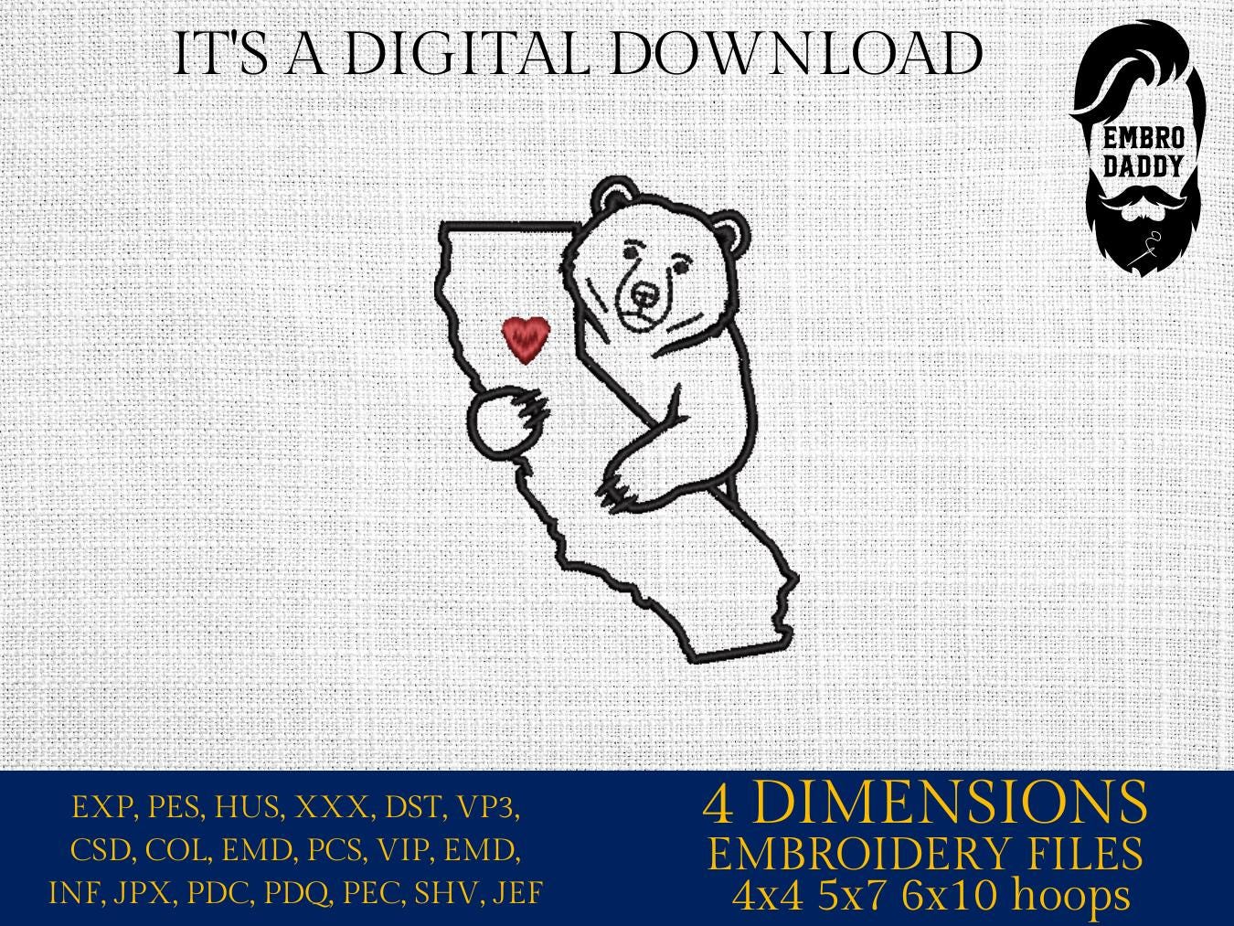 Machine Embroidery files, California, heart, Bear, love, DST, PES, xxx hus & more