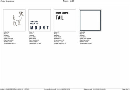 Machine Embroidery files, Don’t Chase Tail, Funny Deer Hunting, PES, DST, xxx, hus and more