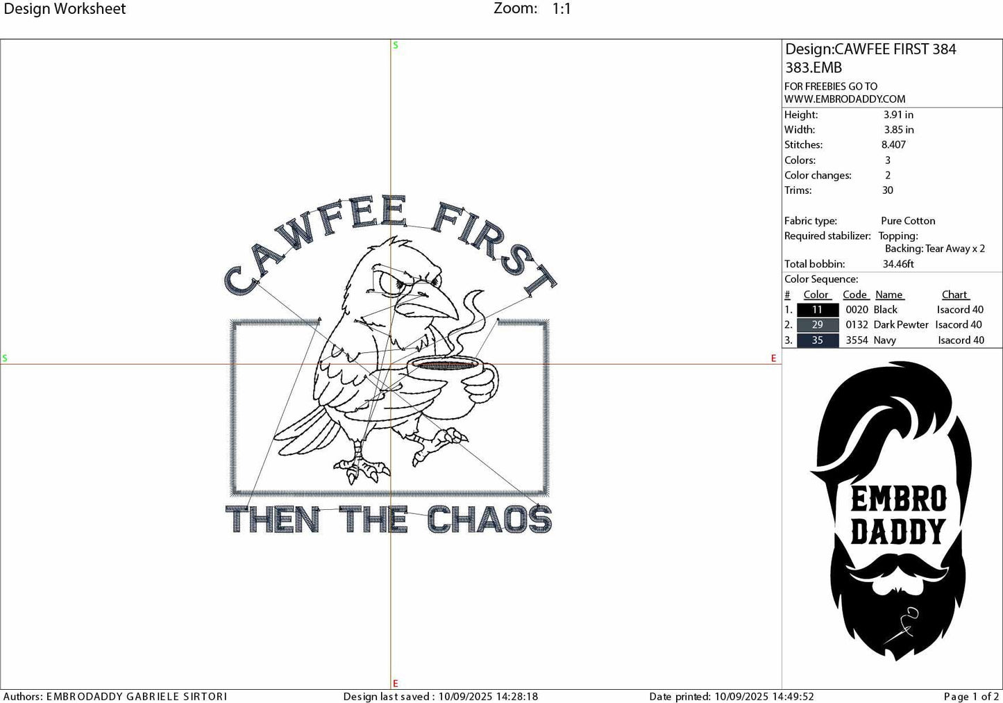 Machine Embroidery files, Funny Bird, Cawfee First Then The Chaos, Raven Coffee Gothic Design, Dark Humor, Caffeine, PES, xxx, hus & more