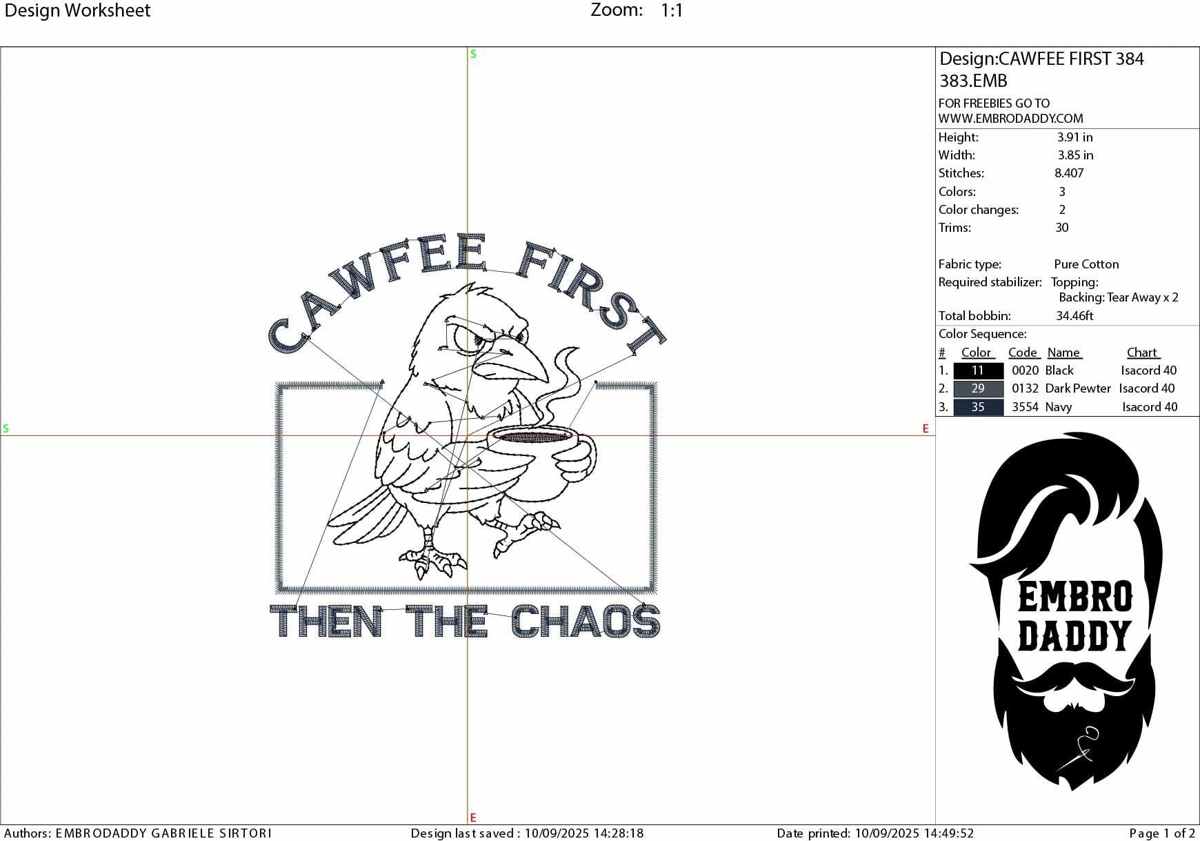 Machine Embroidery files, Funny Bird, Cawfee First Then The Chaos, Raven Coffee Gothic Design, Dark Humor, Caffeine, PES, xxx, hus & more