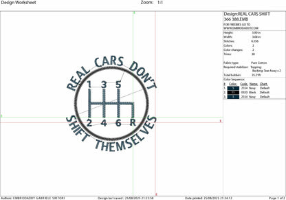 Machine Embroidery files, real cars don't shift themselves, PES, xxx, hus & more