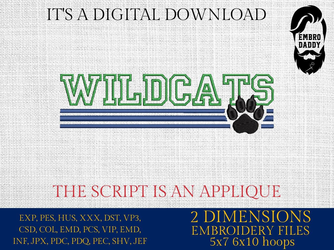 Machine Embroidery files, Wildcats appliqué, sport, PES, xxx, hus & more, fan embroidery files