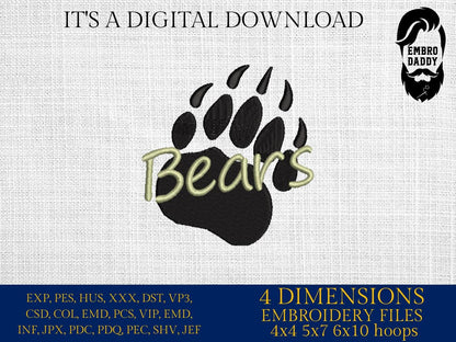 Machine Embroidery, Bears paw, embroidery design, team, PES, xxx, hus & more