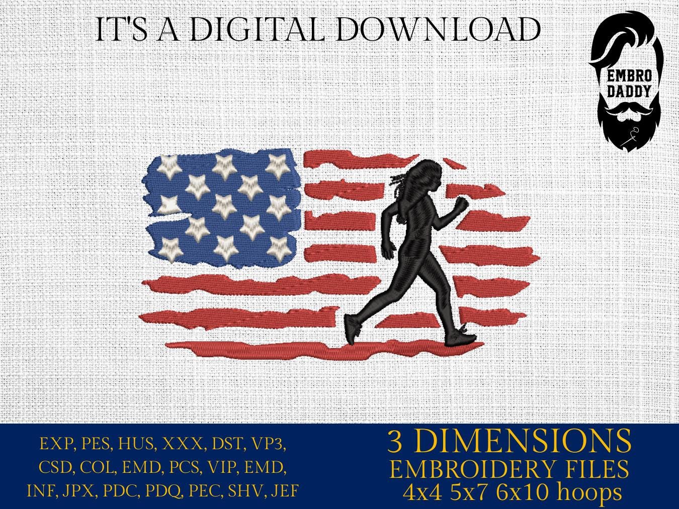 Machine Embroidery files, USA flag, woman running, run, girl, PES, xxx, dst, hus & more