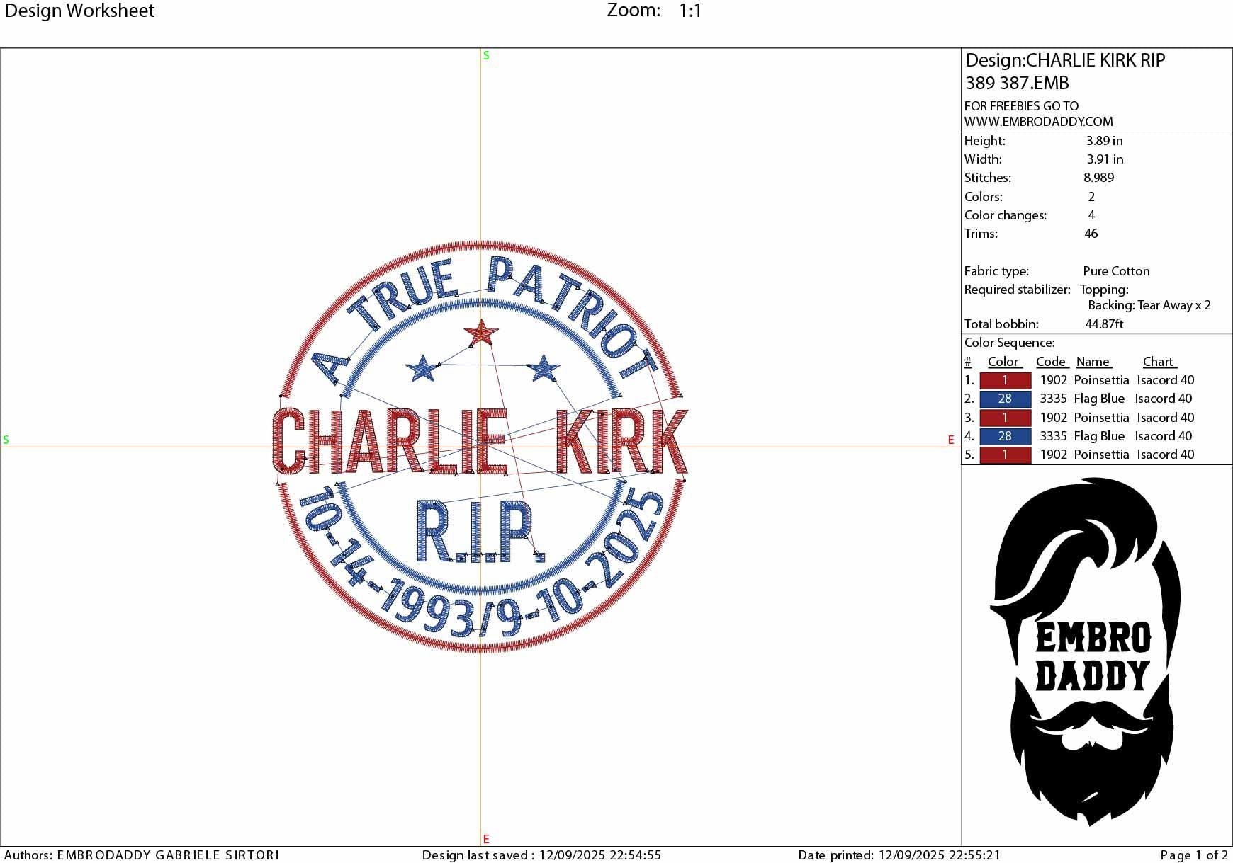 Machine Embroidery files, A True Patriot Charlie Kirk, RIP Charlie Kirk, Memorial, Republican, Tribute Design , PES, xxx, dst, hus & more