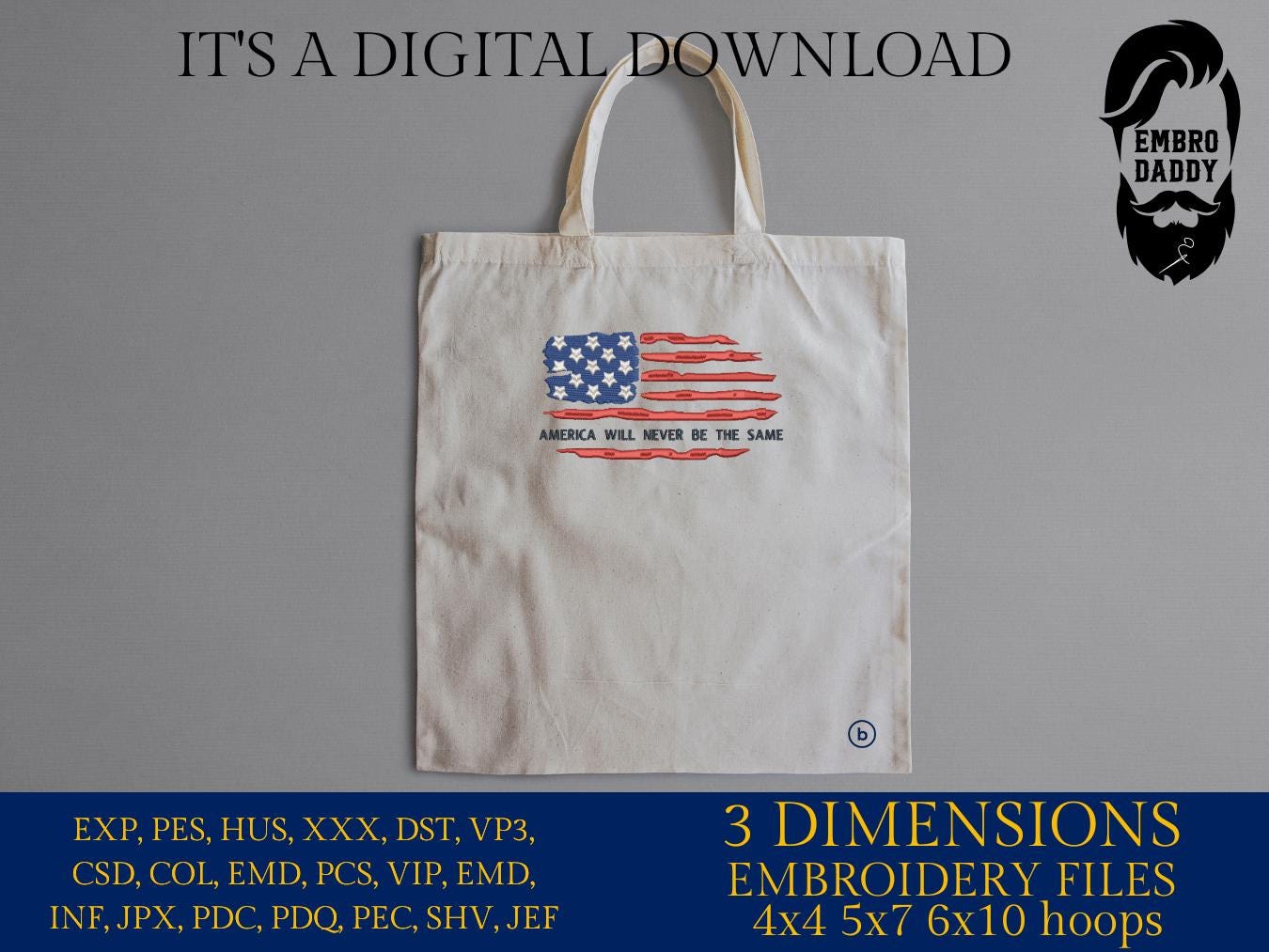 Machine Embroidery files, USA flag, America will never be the same , PES, xxx, hus & more, fan embroidery files