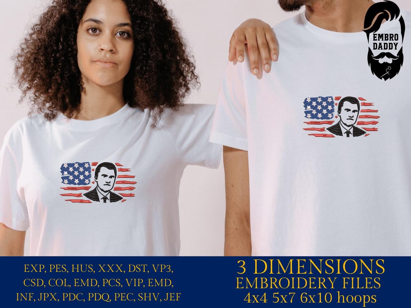 Machine Embroidery files, USA flag, RIP Charlie Kirk, Memorial, Republican, Tribute Design , PES, xxx, dst, hus & more