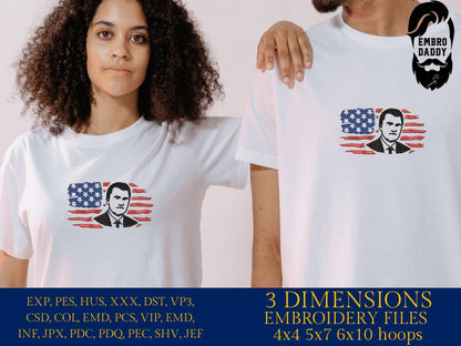 Machine Embroidery files, USA flag, RIP Charlie Kirk, Memorial, Republican, Tribute Design , PES, xxx, dst, hus & more