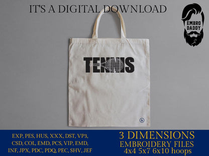 Machine Embroidery files, TENNIS with Tennis Racket Cutout for Players, Teams, Coaches PES, xxx, hus & more, fan embroidery files