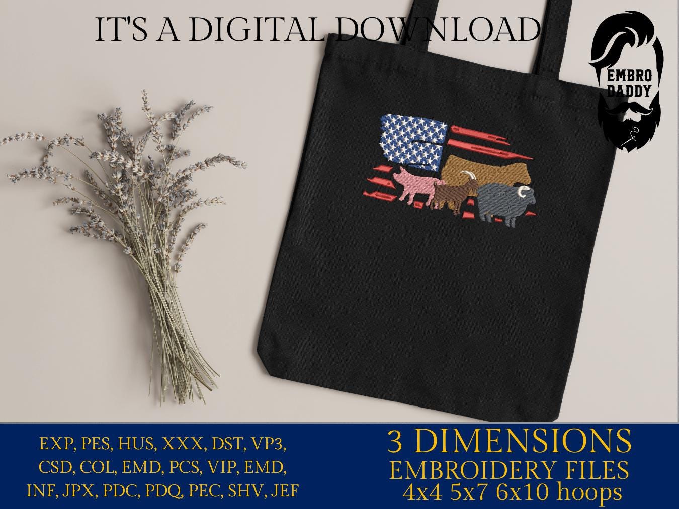 Machine Embroidery files, Usa flag, Show Livestock, Show flag pig, sheep, goat, steer, PES, dst, xxx hus & more