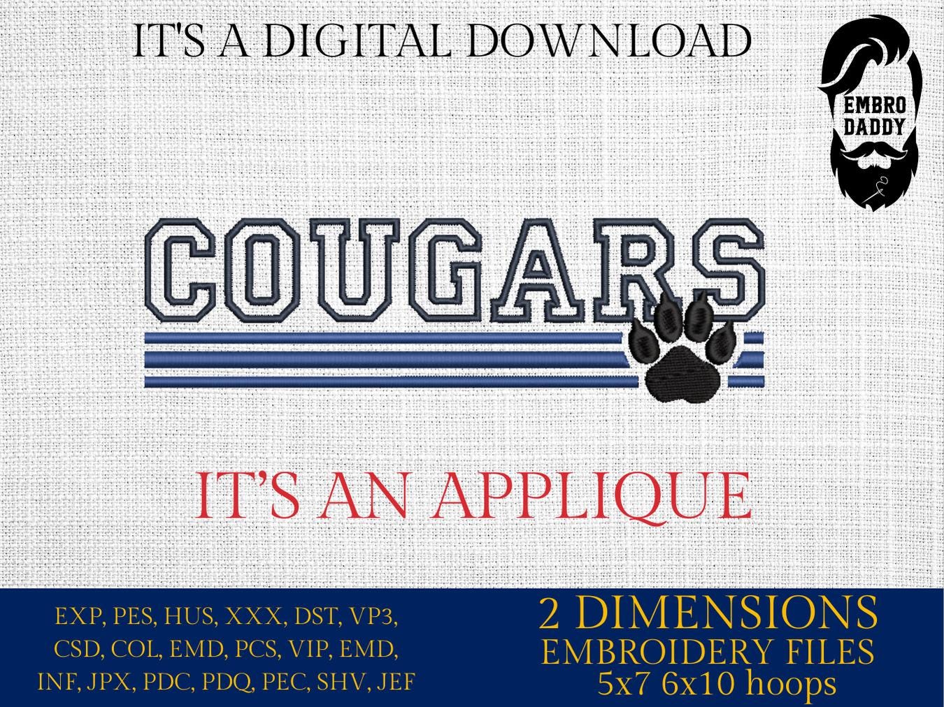 Machine Embroidery files, Cougars appliqué, sport, PES, xxx, hus & more, fan embroidery files