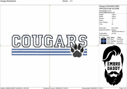 Machine Embroidery files, Cougars appliqué, sport, PES, xxx, hus & more, fan embroidery files