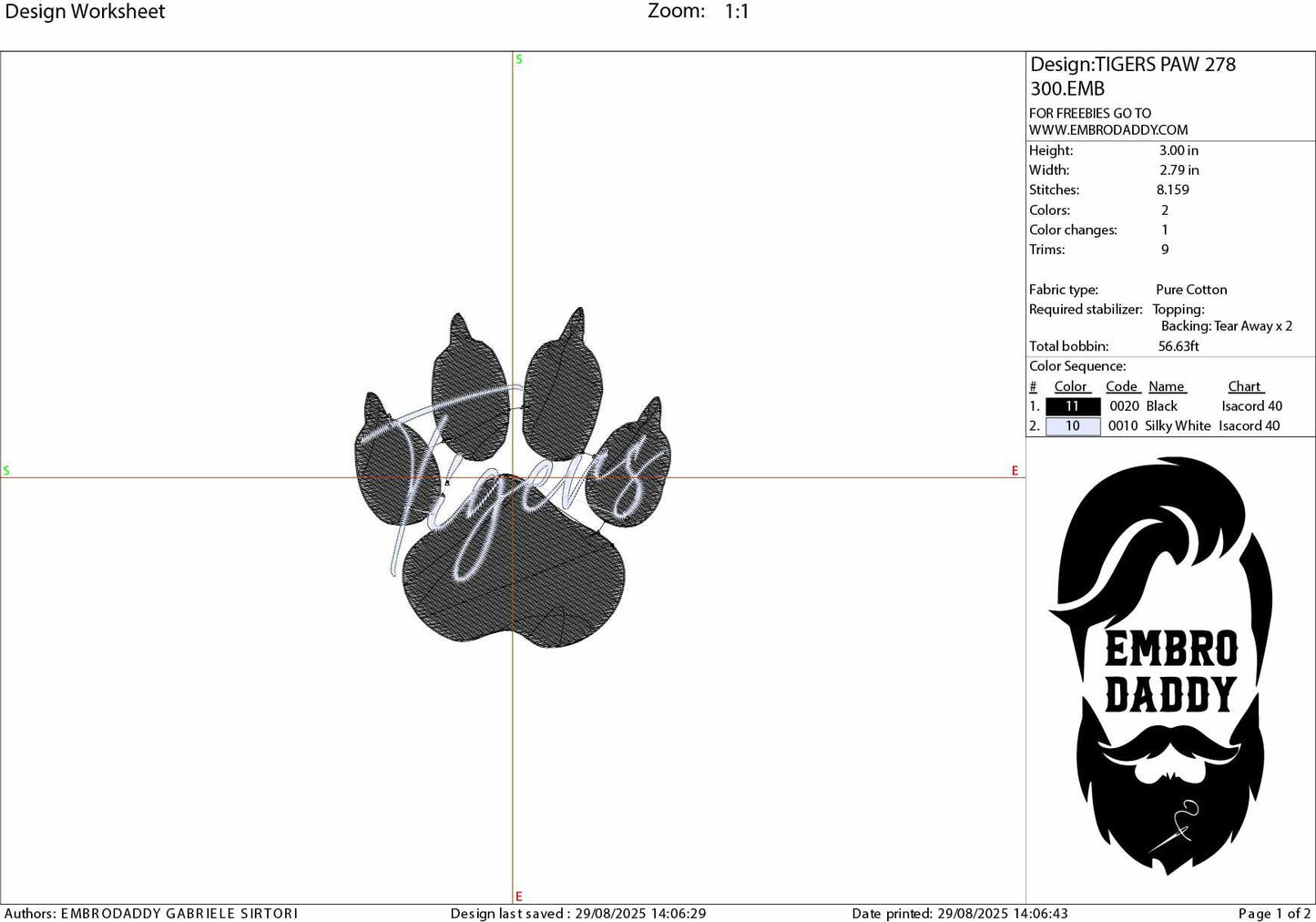 Machine Embroidery files, Tigers, paw, PES, xxx, dst, hus & more, fan embroidery files