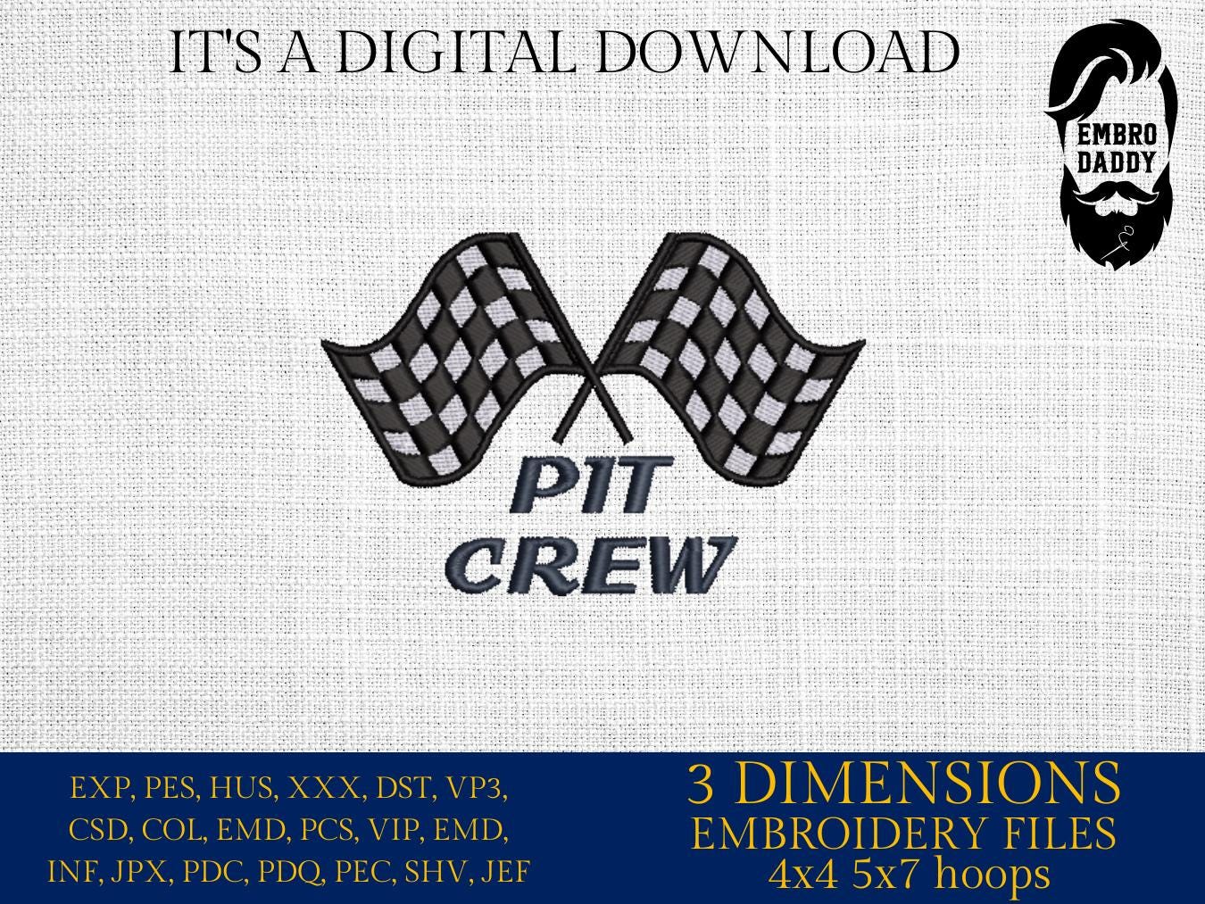 Machine Embroidery files, Car/Automotive, Black Checkered Racing Flags, Track Finish Line, "Pit Crew", PES, DST, xxx, hus & more