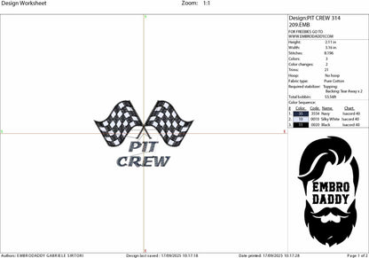 Machine Embroidery files, Car/Automotive, Black Checkered Racing Flags, Track Finish Line, "Pit Crew", PES, DST, xxx, hus & more