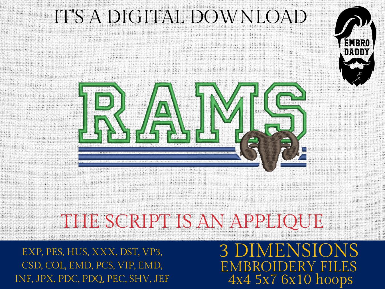 Machine Embroidery files, RAMS appliqué, sport, PES, xxx, hus & more, fan embroidery files