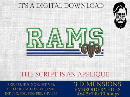 Machine Embroidery files, RAMS appliqué, sport, PES, xxx, hus & more, fan embroidery files