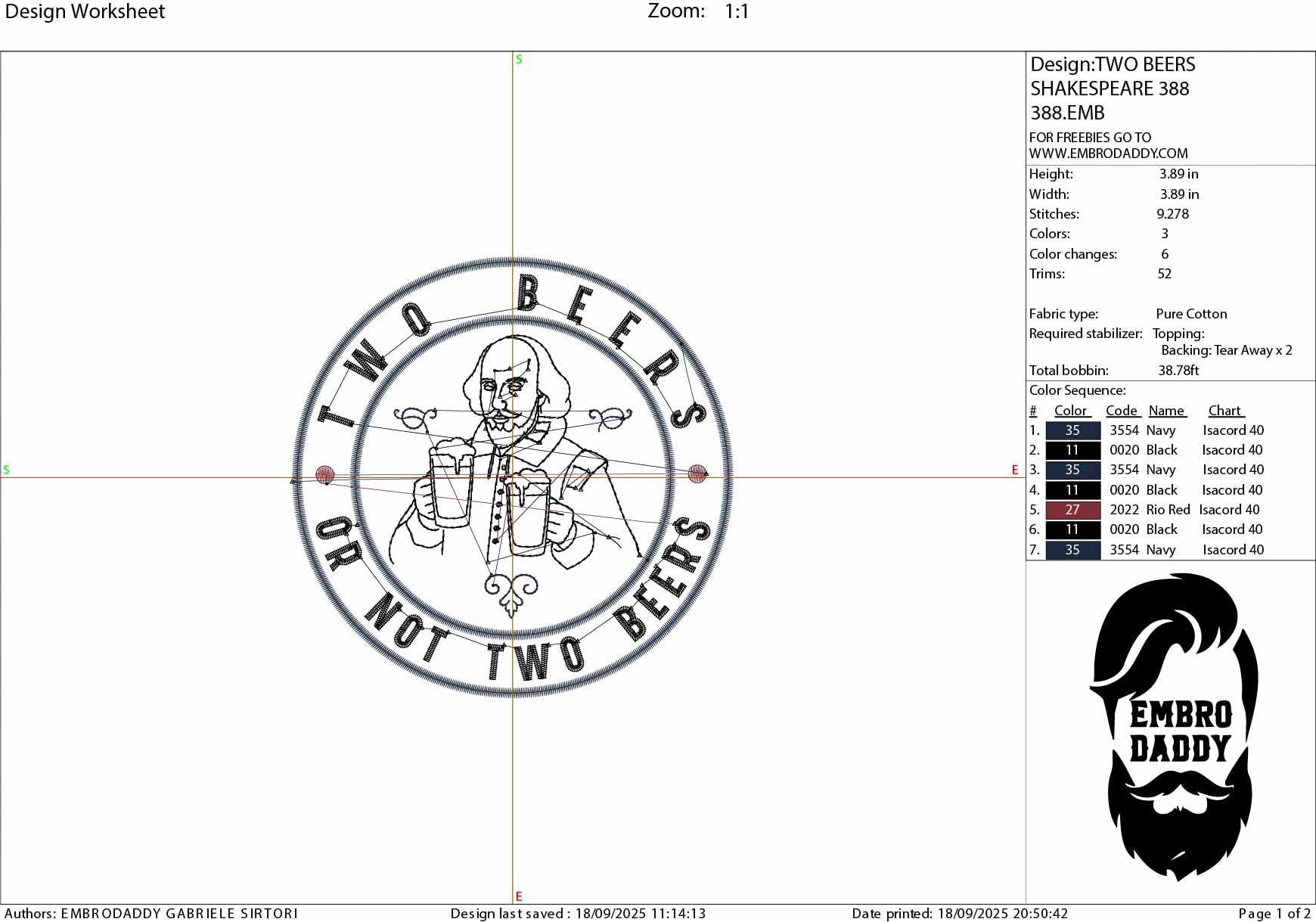 Machine Embroidery files, Two Beers or Not Two Beers, Shakespeare Funny Drinking Party, Funny Drinking, pes, dst, hus & more