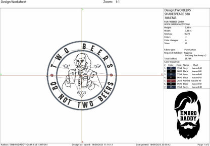 Machine Embroidery files, Two Beers or Not Two Beers, Shakespeare Funny Drinking Party, Funny Drinking, pes, dst, hus & more