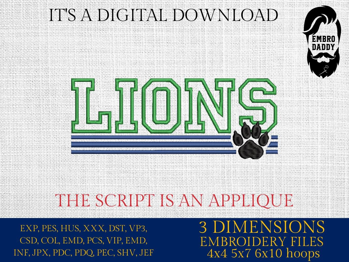 Machine Embroidery files, Lions appliqué, sport, PES, xxx, hus & more, fan embroidery files