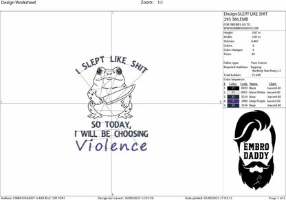 mature, Machine Embroidery files, today I slept like shit, Funny Frog and Toad Digital, Funny Saying PES, DST, xxx, hus & more