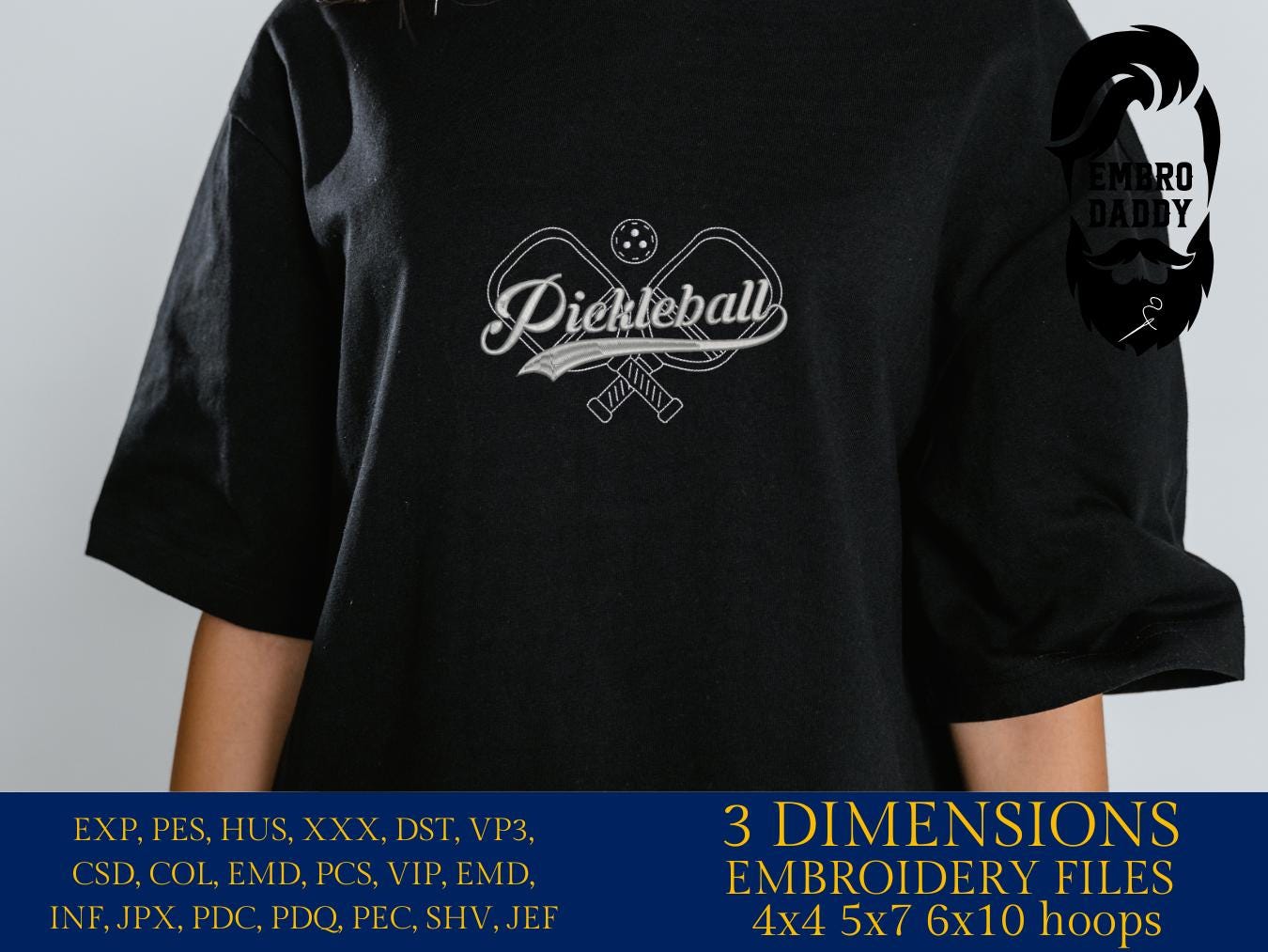 Machine Embroidery files, Script Word Pickleball with Swoosh, Paddle or Racket, PES, dst, xxx, hus & more