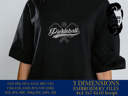 Machine Embroidery files, Script Word Pickleball with Swoosh, Paddle or Racket, PES, dst, xxx, hus & more