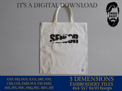 Machine Embroidery files, SENIOR with Swimming Silhouette, Swim Teams, Coaches, Parents, PES, xxx, hus & more, fan embroidery files