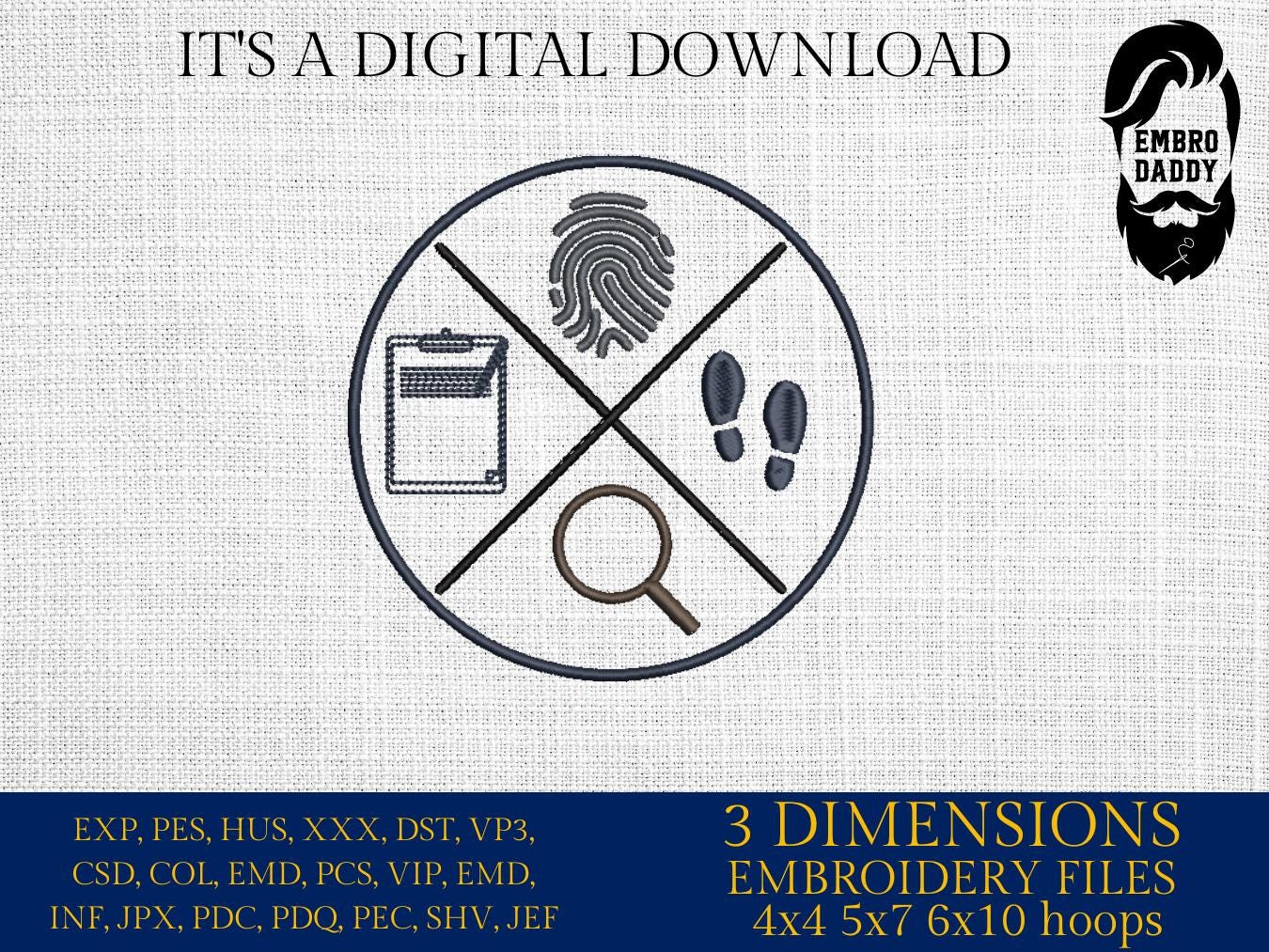 Machine Embroidery files, Fingerprint, ID, Palm Reading Law Enforcement, Police, Cops, Arrest, Detective, Logo, dst, PES, xxx, hus & more