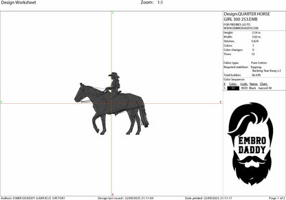 Machine Embroidery files, Quarter Horse, Western Horse, Horse and rider, Western saddle, American Cowgirl riding horse, PES, xxx, hus & more