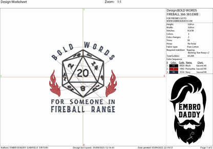 Machine Embroidery files, Bold words for someone in Fireball Rang, dice, Geek and nerd sayings , DST, PES, xxx, hus & more