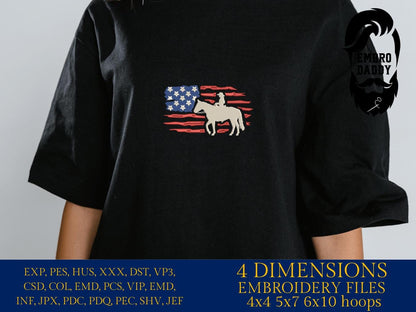 Machine Embroidery files, Usa flag girl horse, embroidery files, rider, rodeo, woman, PES, dst, xxx, hus & more