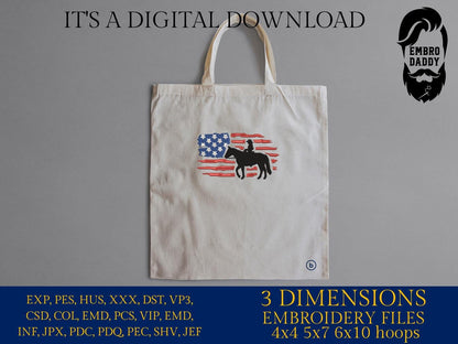 Machine Embroidery files, Usa flag girl horse, embroidery files, rider, rodeo, woman, PES, dst, xxx, hus & more