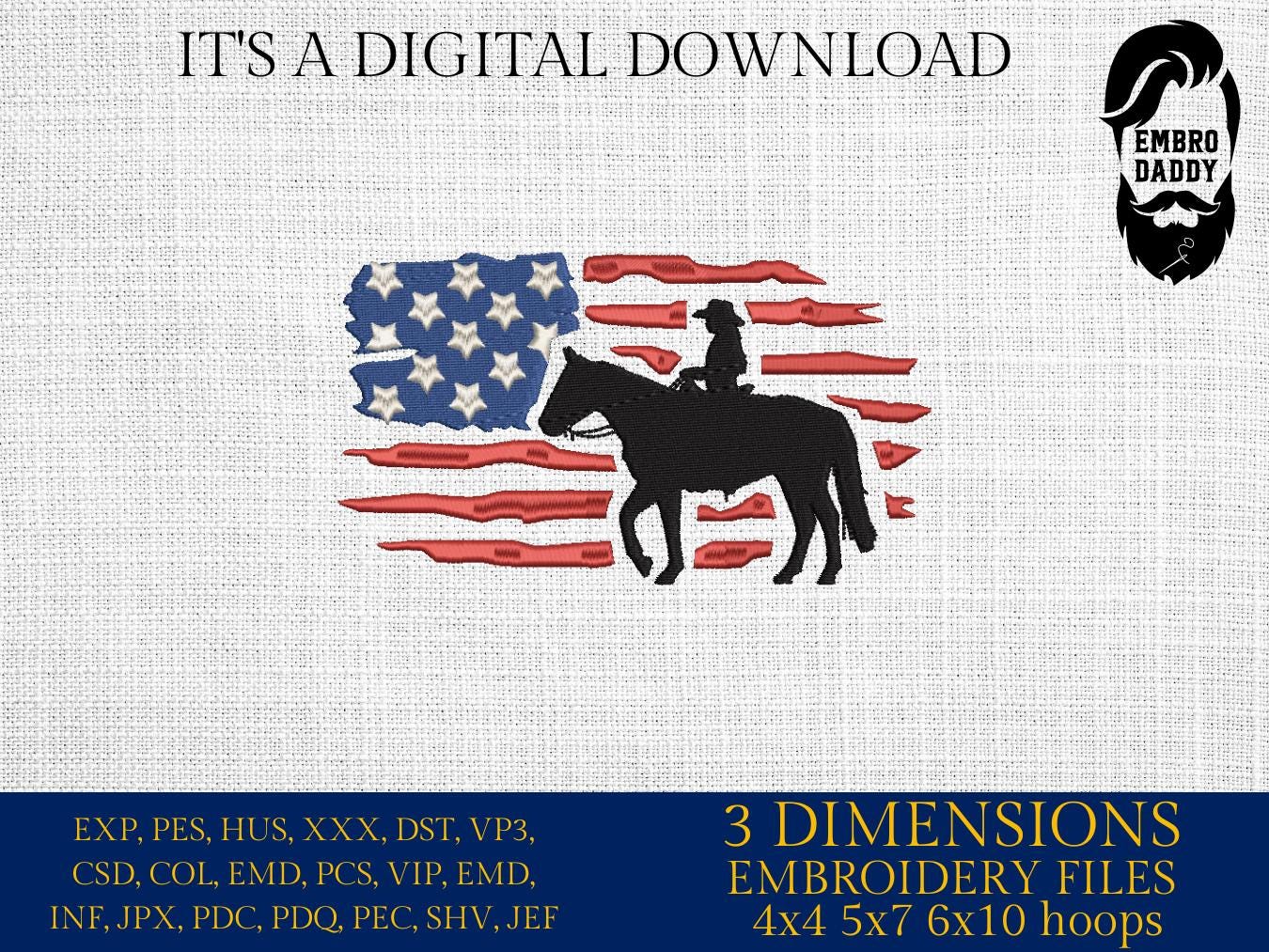 Machine Embroidery files, Usa flag girl horse, embroidery files, rider, rodeo, woman, PES, dst, xxx, hus & more