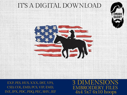 Machine Embroidery files, Usa flag girl horse, embroidery files, rider, rodeo, woman, PES, dst, xxx, hus & more