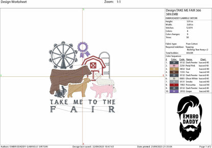 Machine Embroidery files, take me to the fair, Fair Season, Show Livestock, Show pig, steer, sheep, goat, PES, dst, xxx hus & more